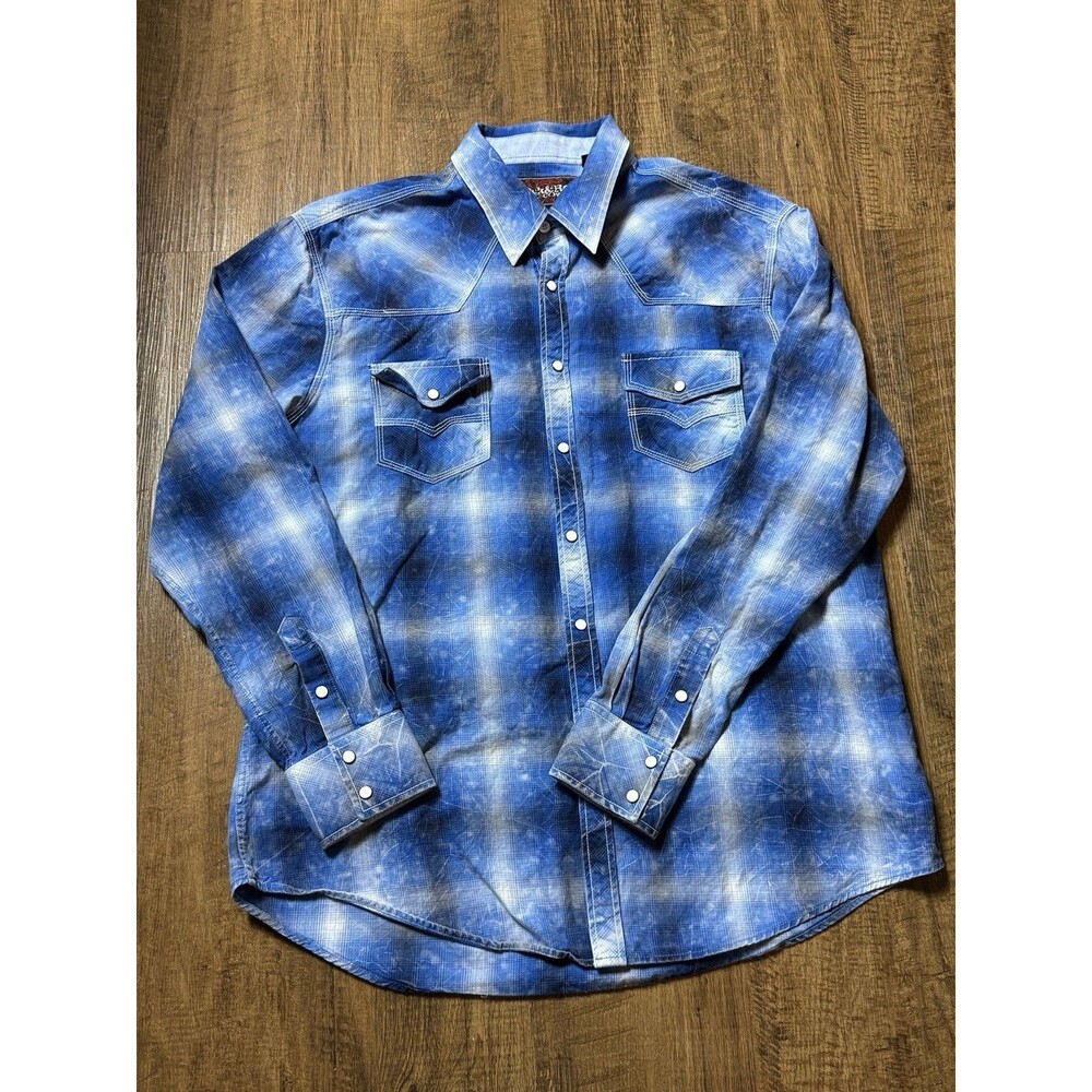 Rock & Roll Cowboy Shirt Mens XL Blue Plaid Snap Pearl Button Western Cotton